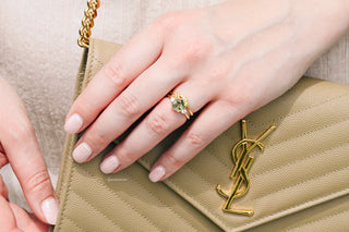 Hexagon Green Moss Agate Fairy Leaf Ring Set in 14K Yellow Gold Vermeil