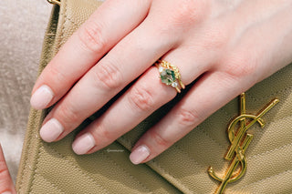 Hexagon Green Moss Agate Fairy Leaf Ring Set in 14K Yellow Gold Vermeil