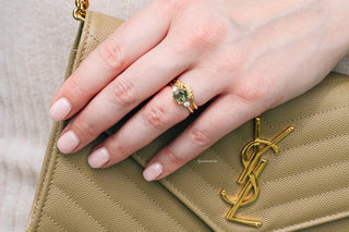 Hexagon Green Moss Agate Fairy Leaf Ring Set in 14K Yellow Gold Vermeil