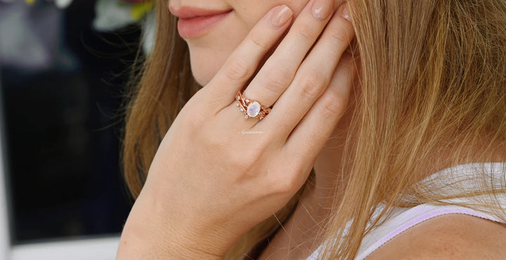 Natural Moonstone Fairy Engagement Ring Set- 14K Rose Gold Vermeil