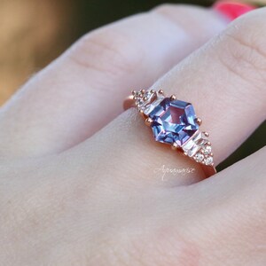 Hexagon Cut Lab-Grown Alexandrite Ring in 14K Rose Gold Vermeil