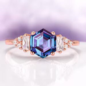 Hexagon Cut Alexandrite Engagement Ring in 14K Solid Rose Gold