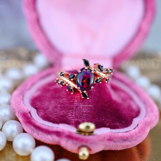 Black Fire Opal & Onyx Leaf Couples Ring Set