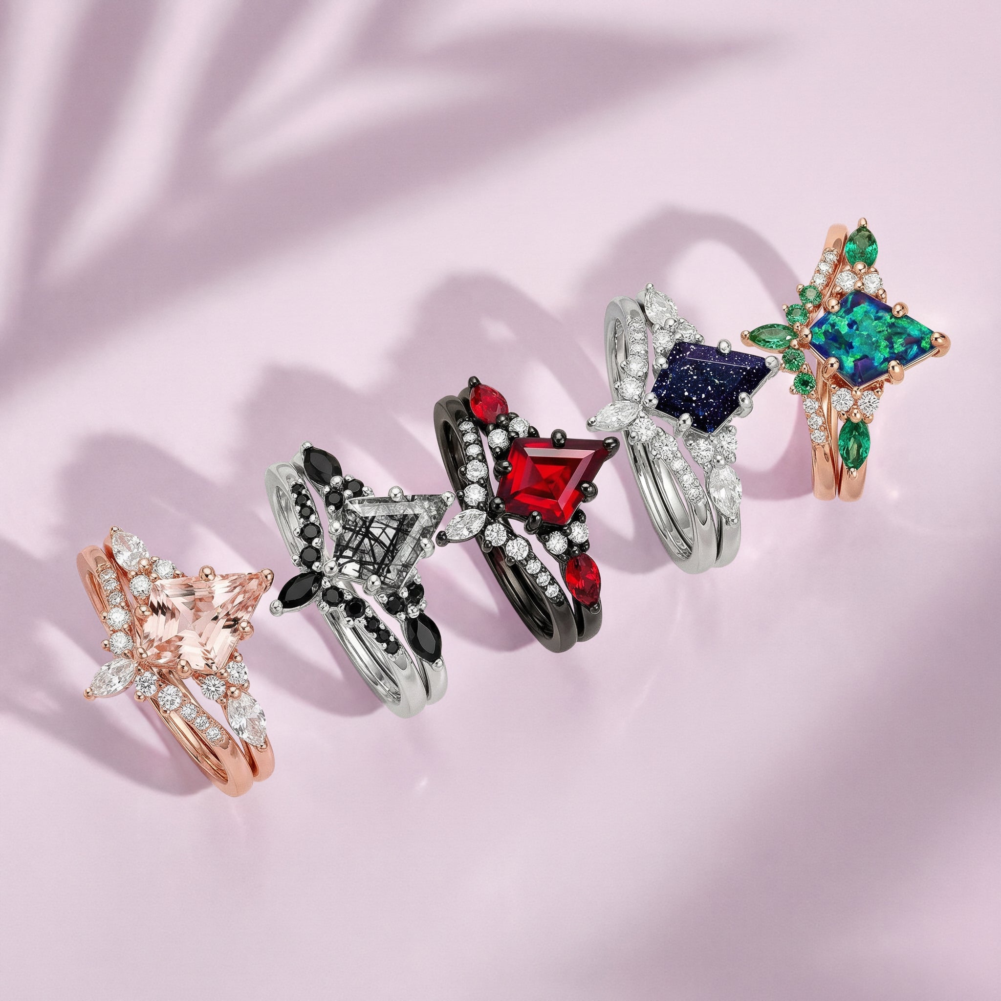 Kite cut engagement rings with geometric kite-shaped center stones