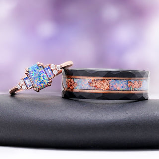 Light Blue Fire Opal couples ring set: rose gold vermeil engagement ring with an opal centre beside the men's black tungsten opal band