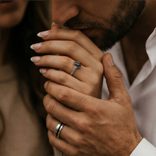 Gothic Victorian Black Onyx Couples Ring Set by Aquamarise, featuring black onyx gemstone and detailed bands in a dark romantic style for matching couples rings.