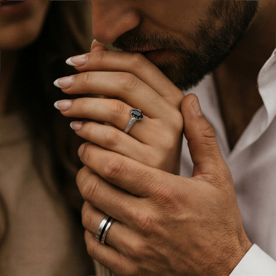 Gothic Victorian Black Onyx Couples Ring Set by Aquamarise, featuring black onyx gemstone and detailed bands in a dark romantic style for matching couples rings.