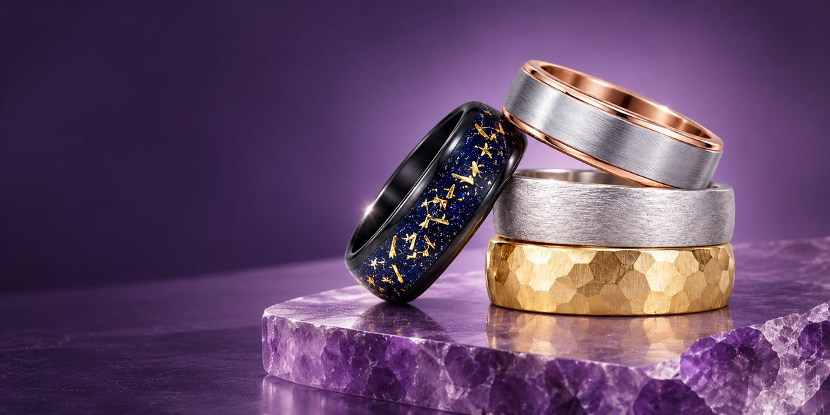 Four men's wedding bands on an amethyst slab: black band with blue galaxy inlay, brushed rose gold, brushed silver and hammered yellow gold, Aquamarise banner