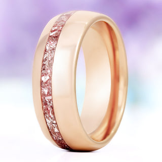 Morganite offset men's wedding band in polished rose gold tungsten, 8mm, standing view showing the off-set crushed morganite channel and domed profile