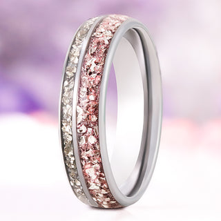 Morganite & Simulated Diamond wedding band in domed silver tungsten, 6mm, standing upright with twin channels of crushed simulated diamond and pink morganite