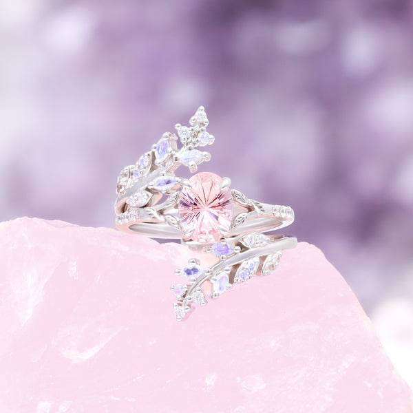 Fireworks Cut Morganite & Moonstone Leaf Couples Ring Set by Aquamarise, featuring a sparkling pink morganite and moonstone with delicate leaf-inspired sterling silver bands.