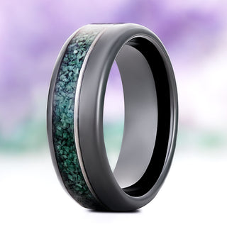 Off-set moss agate and black onyx men's wedding band in tungsten carbide, 8mm, second standing view of the dark green off-set inlay