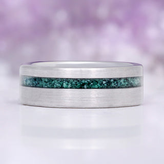 His side of the set: 8mm brushed tungsten band with an off-centre natural moss agate inlay