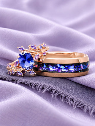 Orion Nebula and cornflower sapphire leaf couples ring set in 14K rose gold vermeil on lavender silk, Aquamarise banner