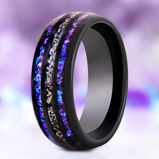 Orion Nebula fire opal and meteorite men's wedding band in black tungsten, 8mm, standing view showing the meteorite center channel between two galaxy opal channels