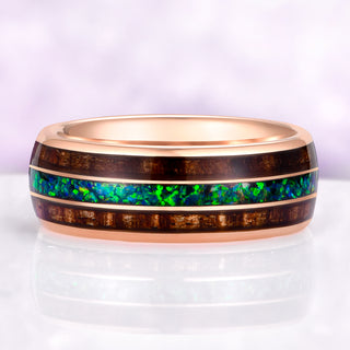 mens whiskey barrel wood ring with peacock fire opal on purple background 
