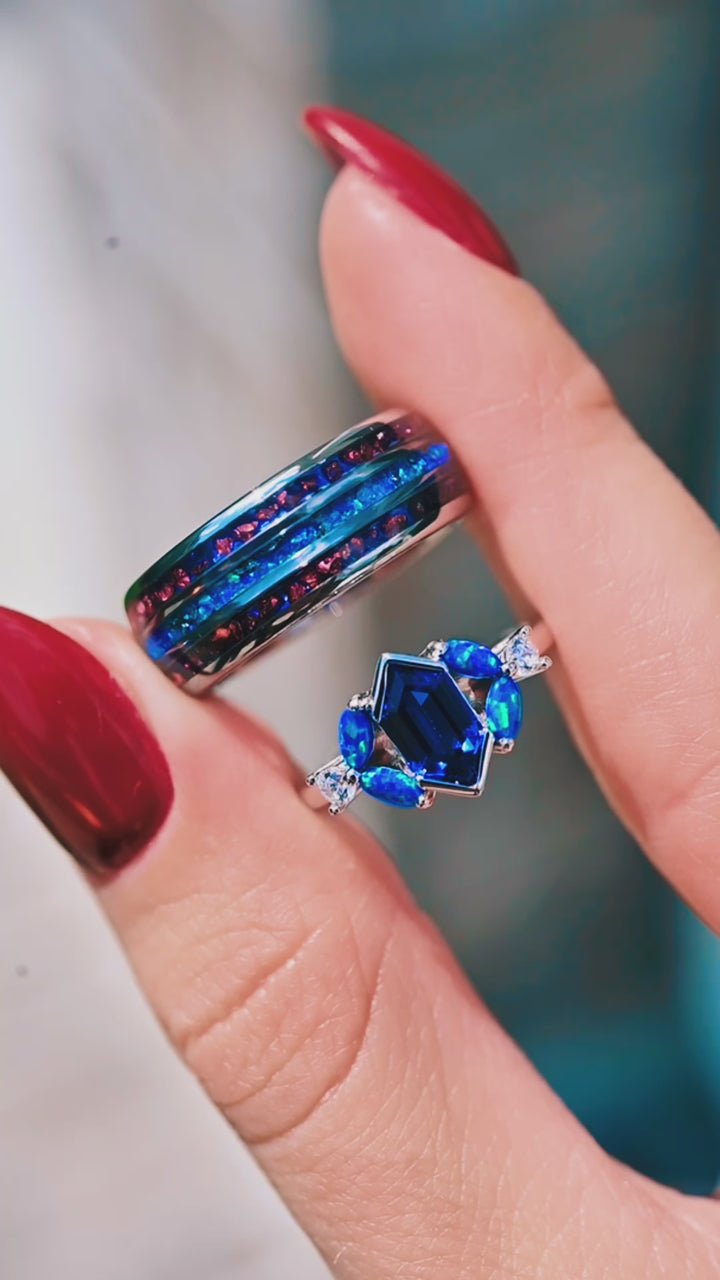 Blue Fire Opal & Sapphire Couples Ring