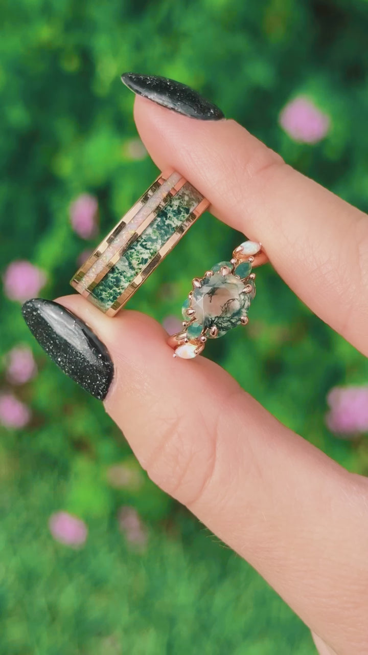 Enchanted Garden Moss Agate & Fire Opal Couples Ring