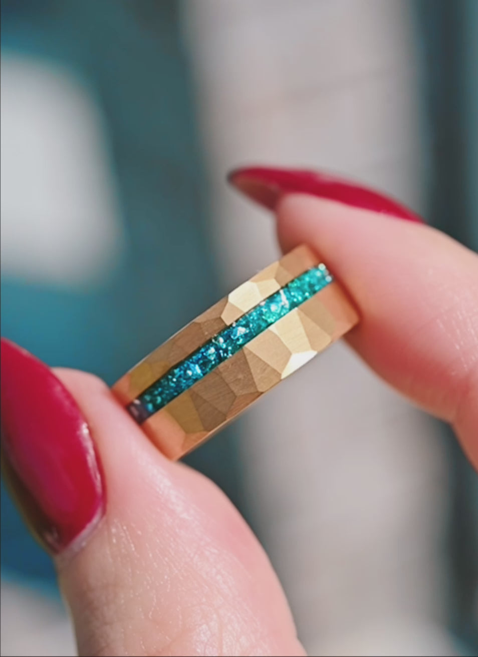 Crushed Aquamarine Wedding Band- Gold Tungsten