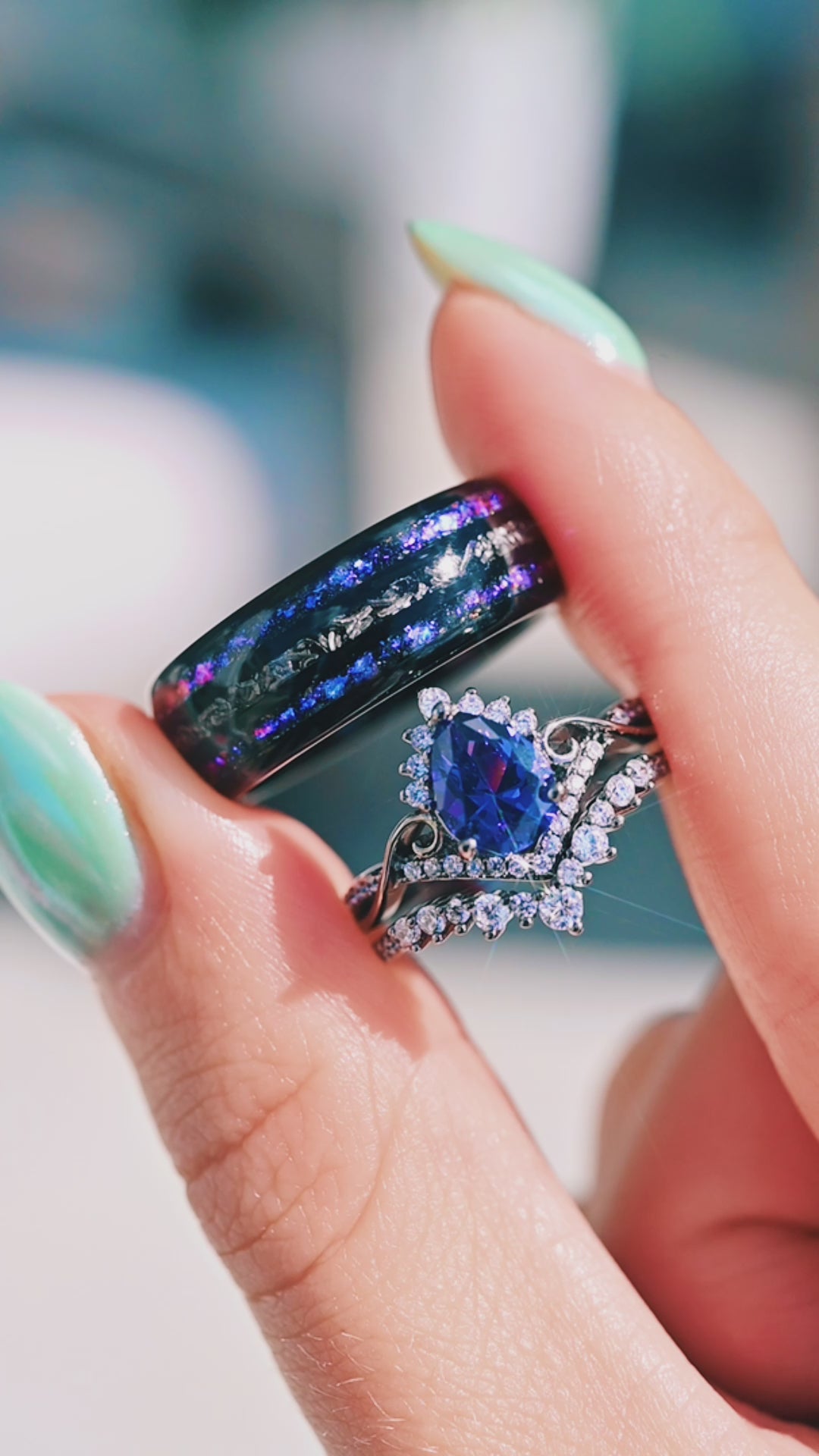 Meteorite & Sapphire Couples Ring Set | Black Tungsten – Aquamarise