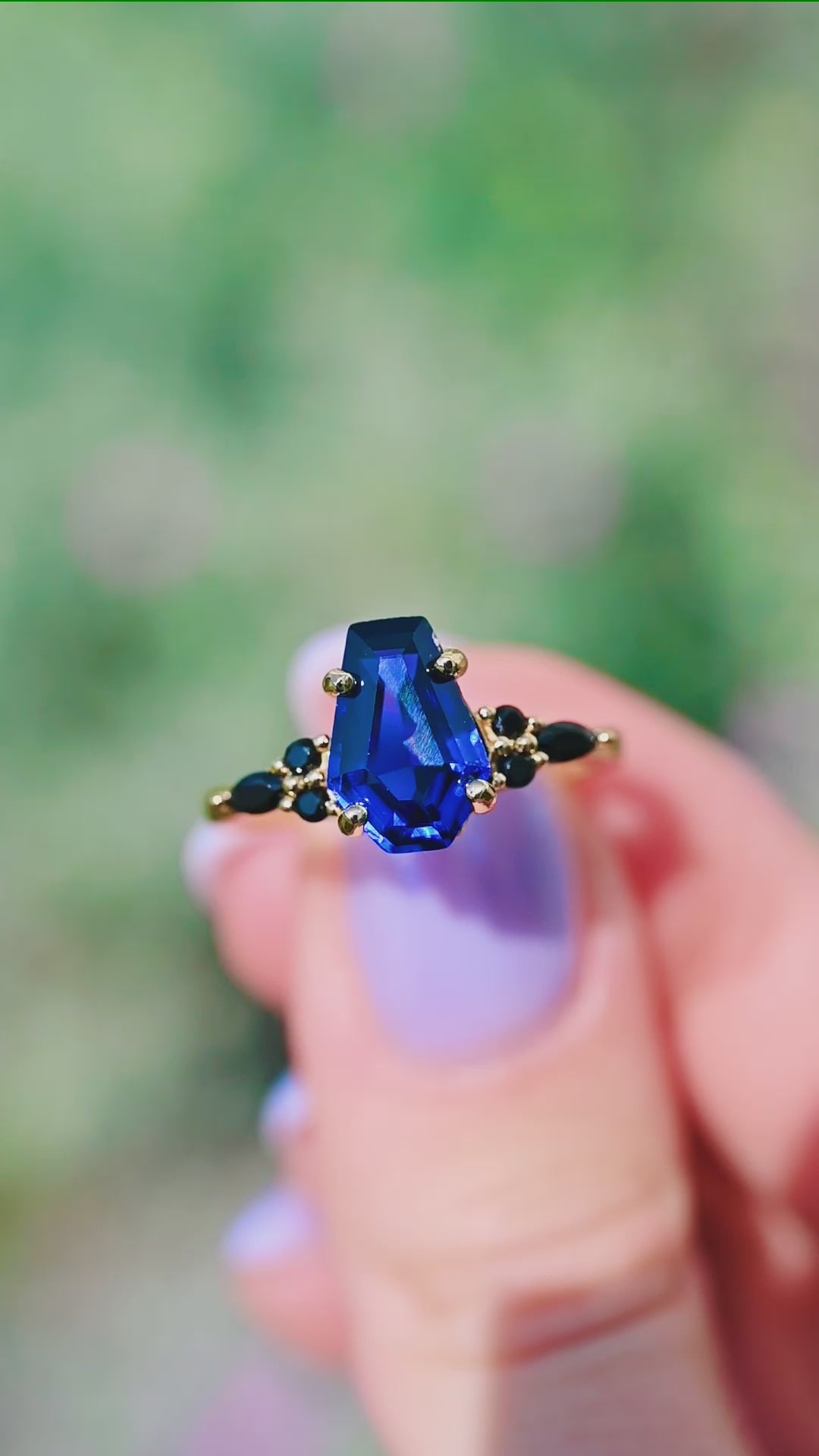 Coffin Cut Blue Sapphire & Black Onyx Ring- 14K Yellow Gold Vermeil