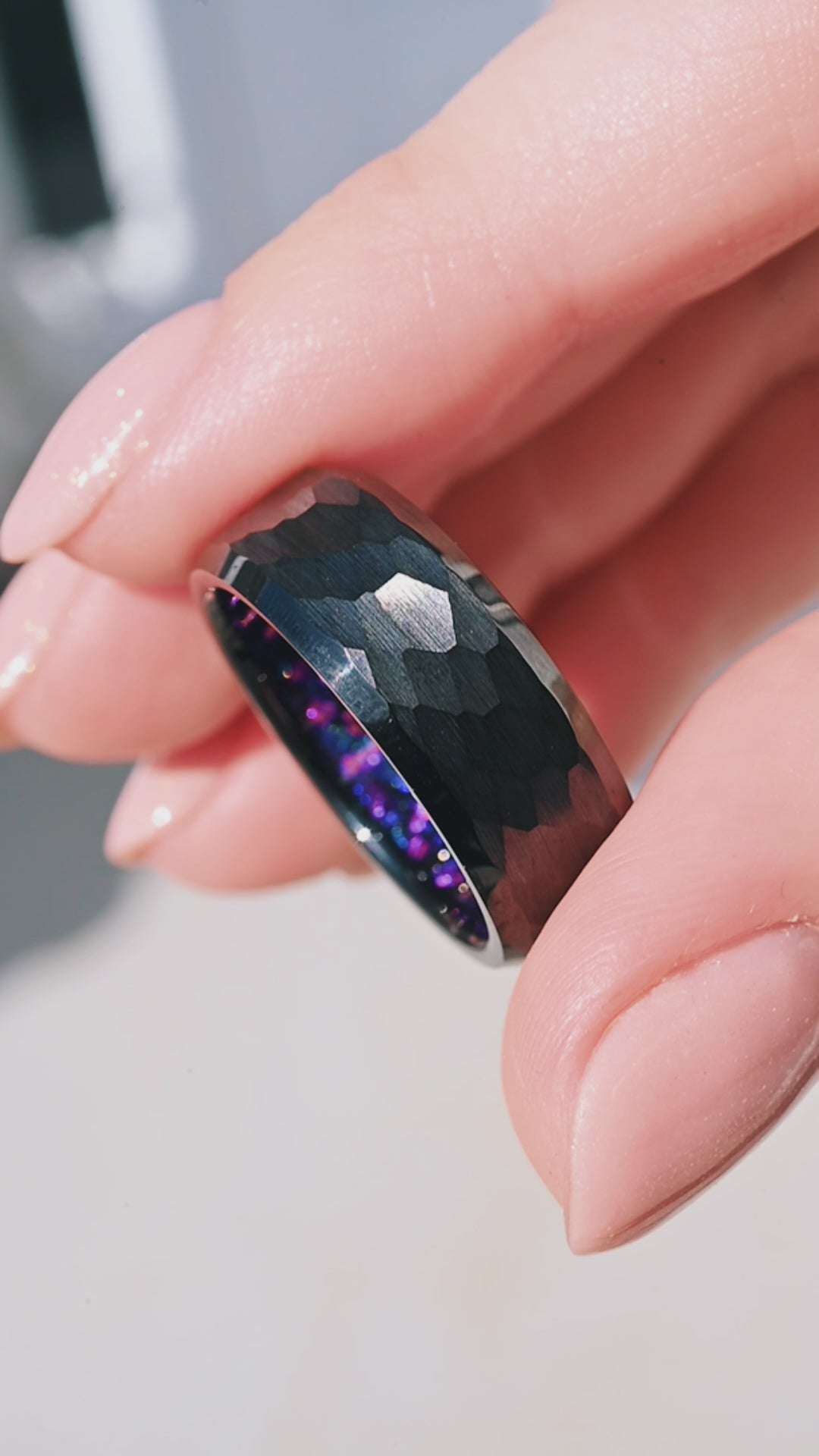 Galaxy Fire Opal Hammered Black Tungsten Band 8mm – Aquamarise