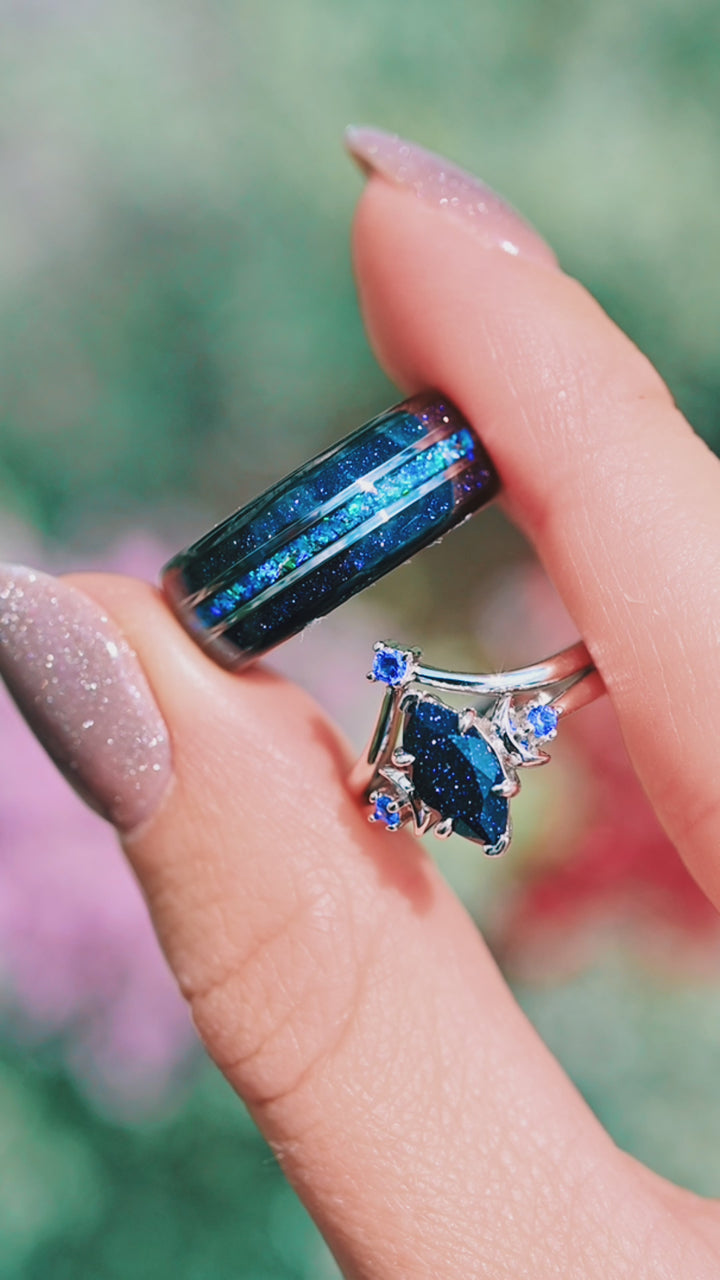 Starry Night, Meteorite & Blue Fire Opal Couples Ring