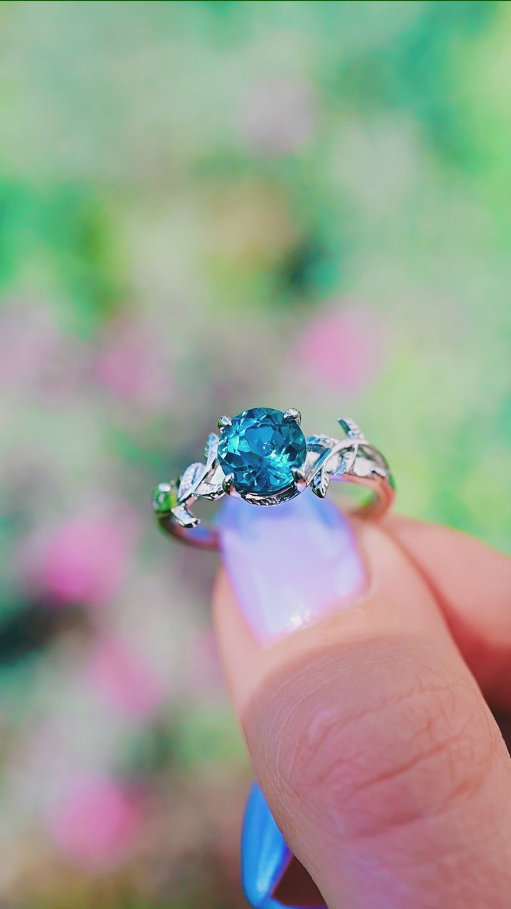 London Blue Topaz Leaf Ring- 14K White Gold