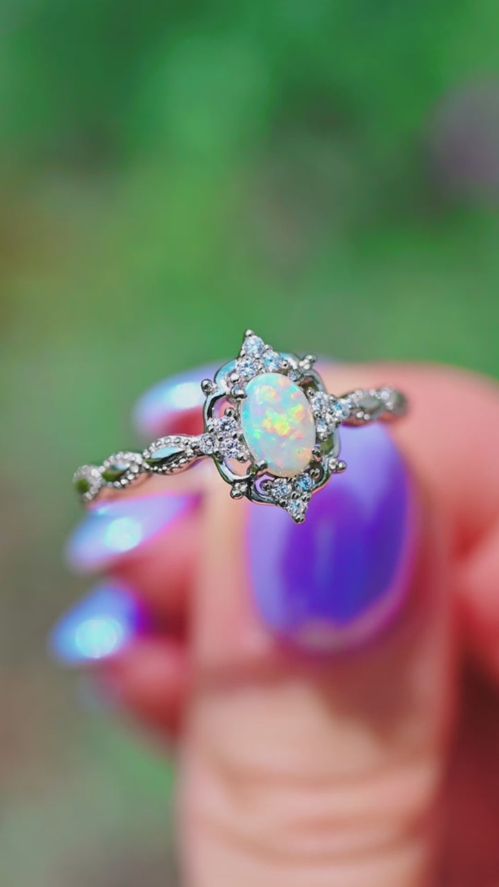 Claire Natural Australian Opal Engagement Ring- 10K 14K 18K Solid Gold