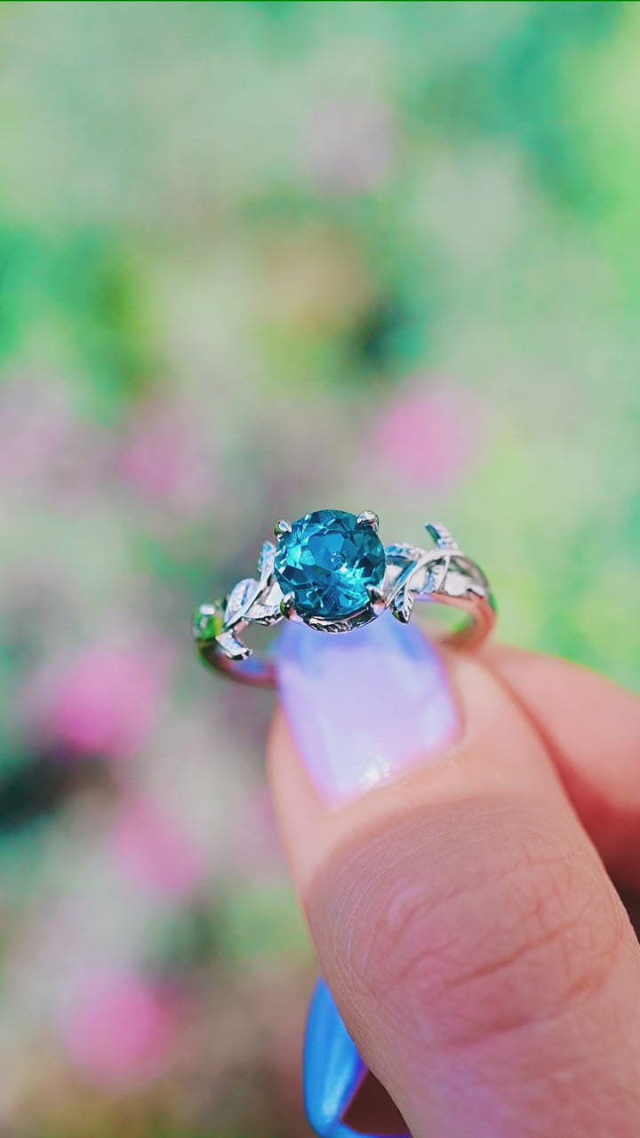 London Blue Topaz Leaf Ring- 14K White Gold