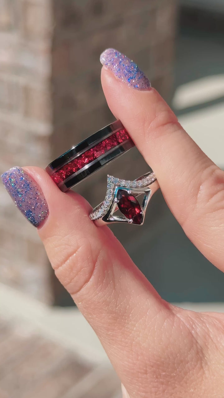 Natural Red Garnet Marquise Ring Set- Sterling Silver