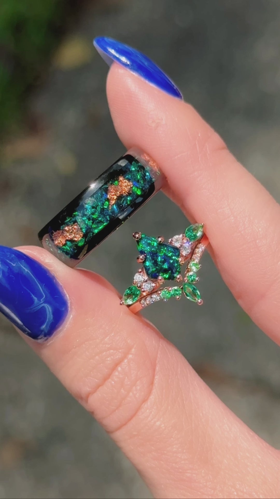 Skye Kite™  Peacock Fire Opal & Emerald Couples Ring