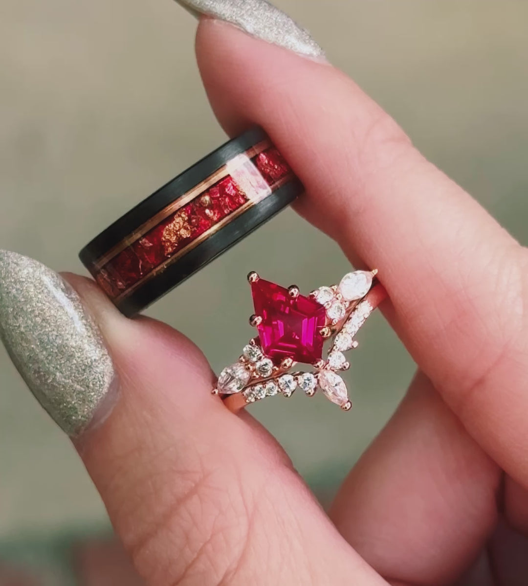 Skye Kite™  Ruby & Rose Gold Leaf Couples Ring