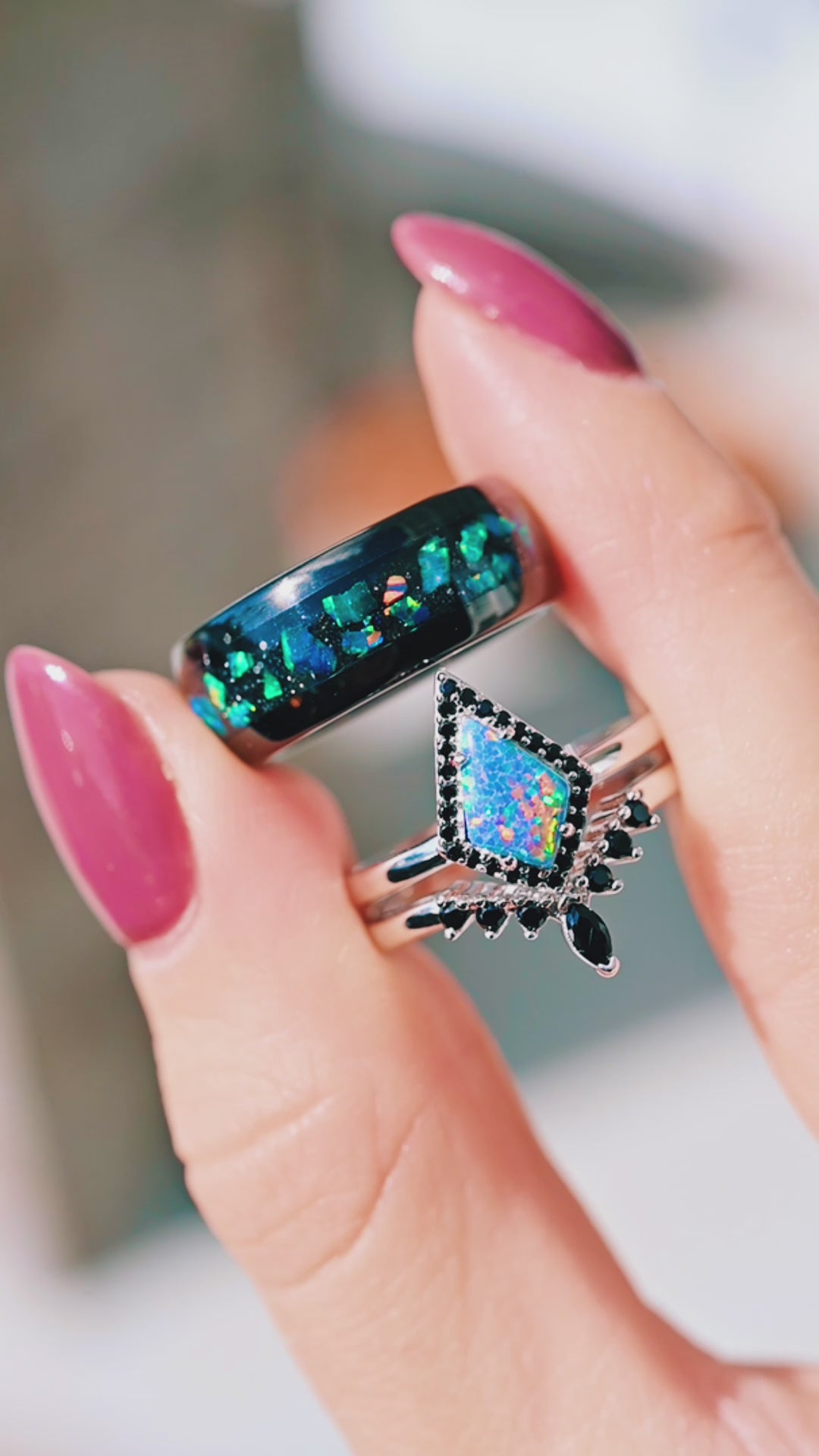 Galaxy Fire Opal & Starry Night Couples Ring