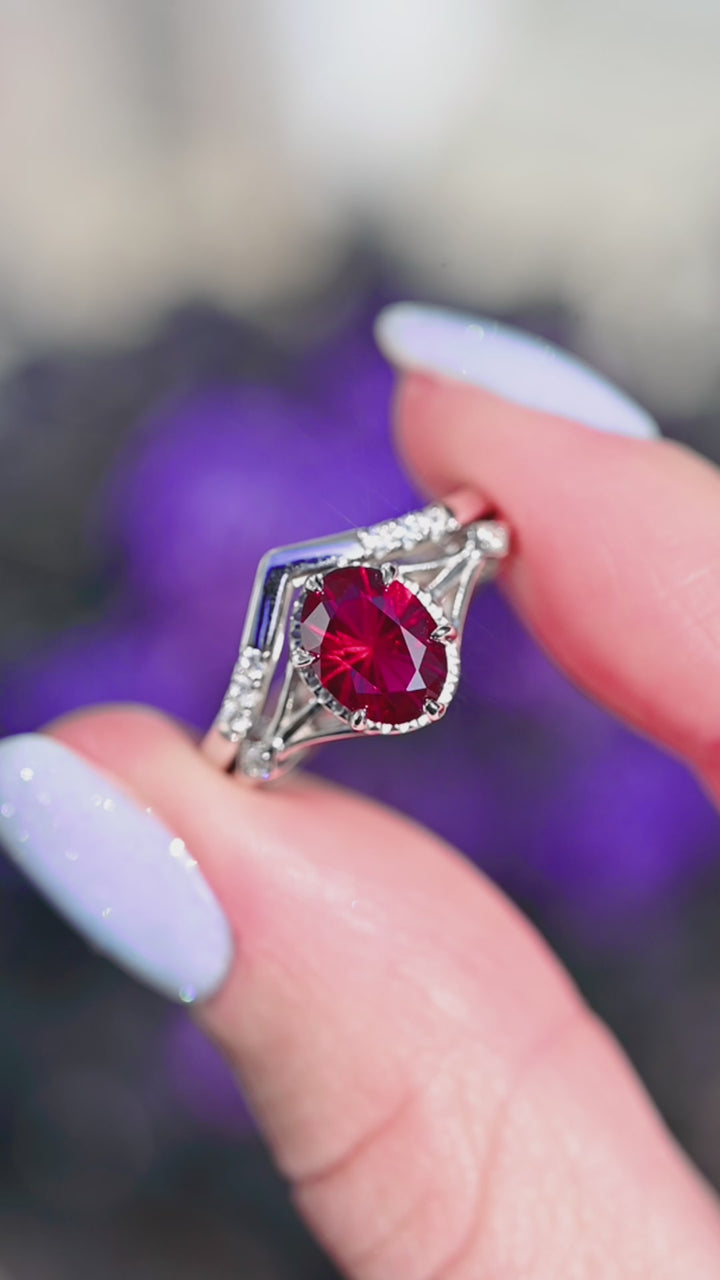 Celtic Ruby Ring Set- 14K White Gold (Two Piece)