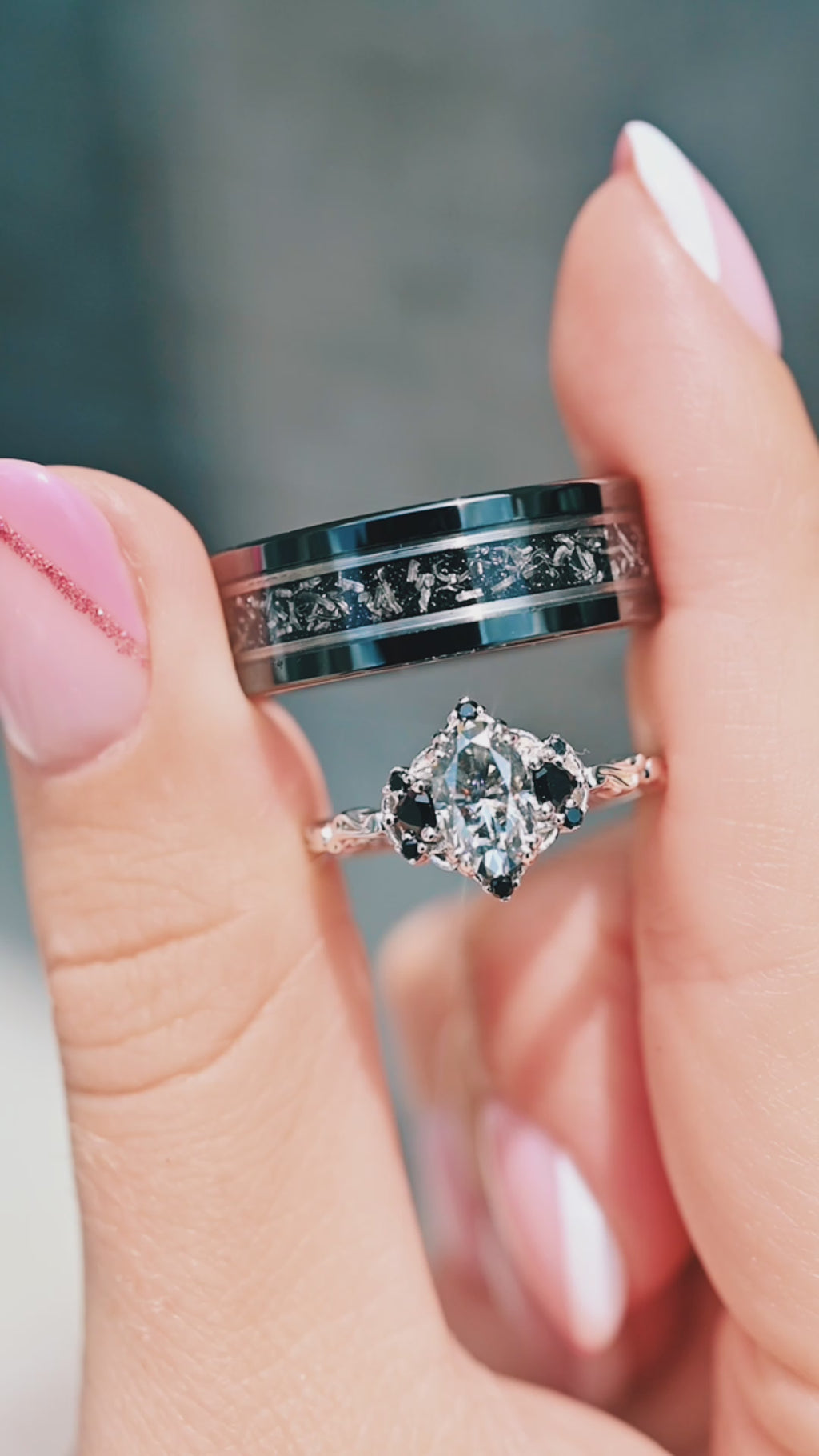 3-Piece Wedding Engagement Ring Set – Moissanite Engagement Ring & Meteorite Titanium Bands With Purple Koa Wood Inlay