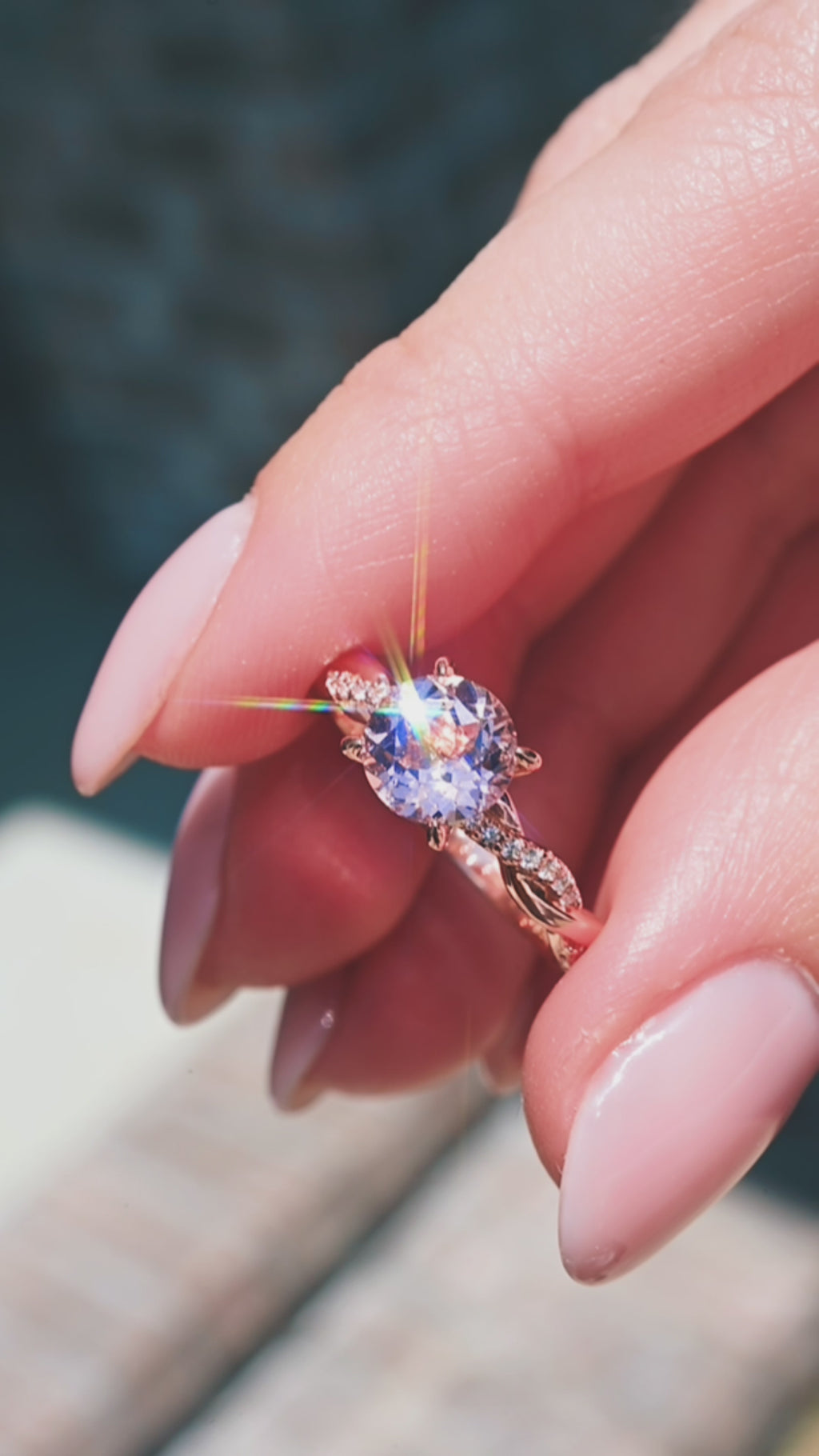 Video of the Sophia twisted vine morganite ring by Aquamarise, shown in motion