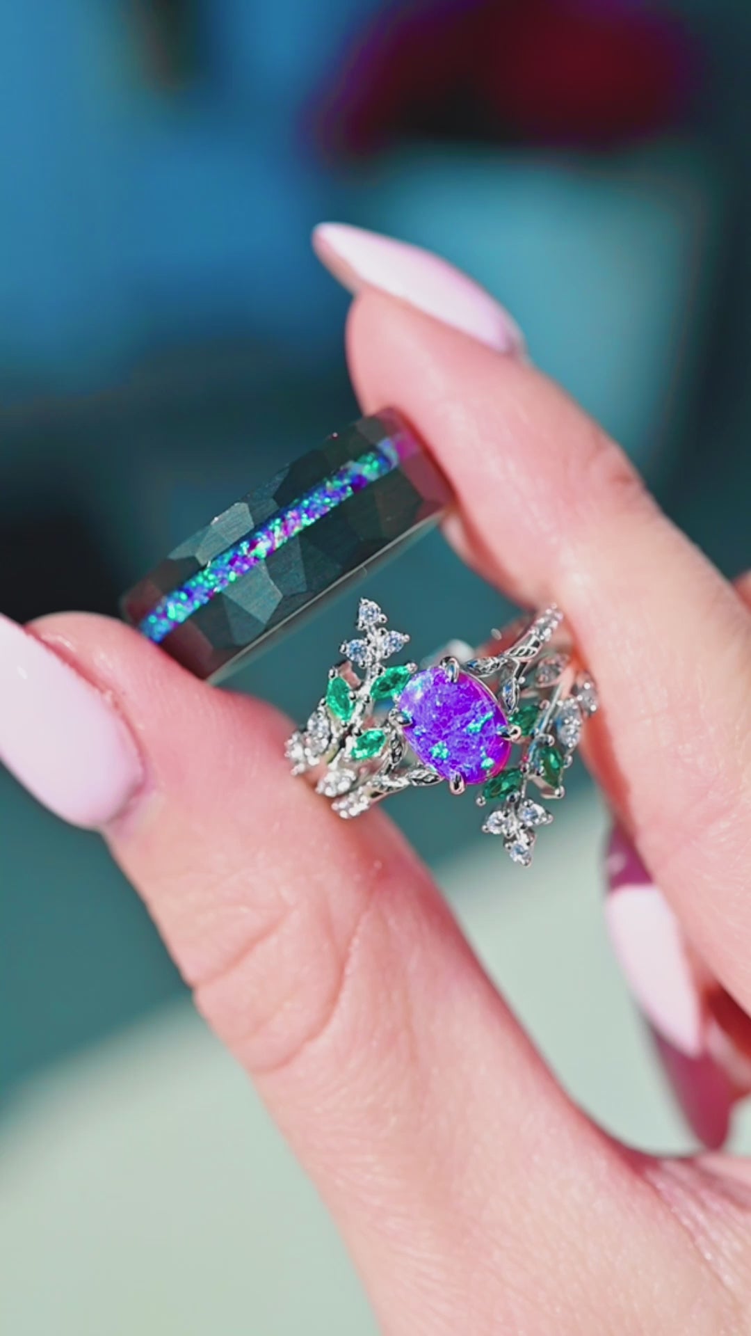 Lavender Fire Opal & Emerald Leaf Couples Ring