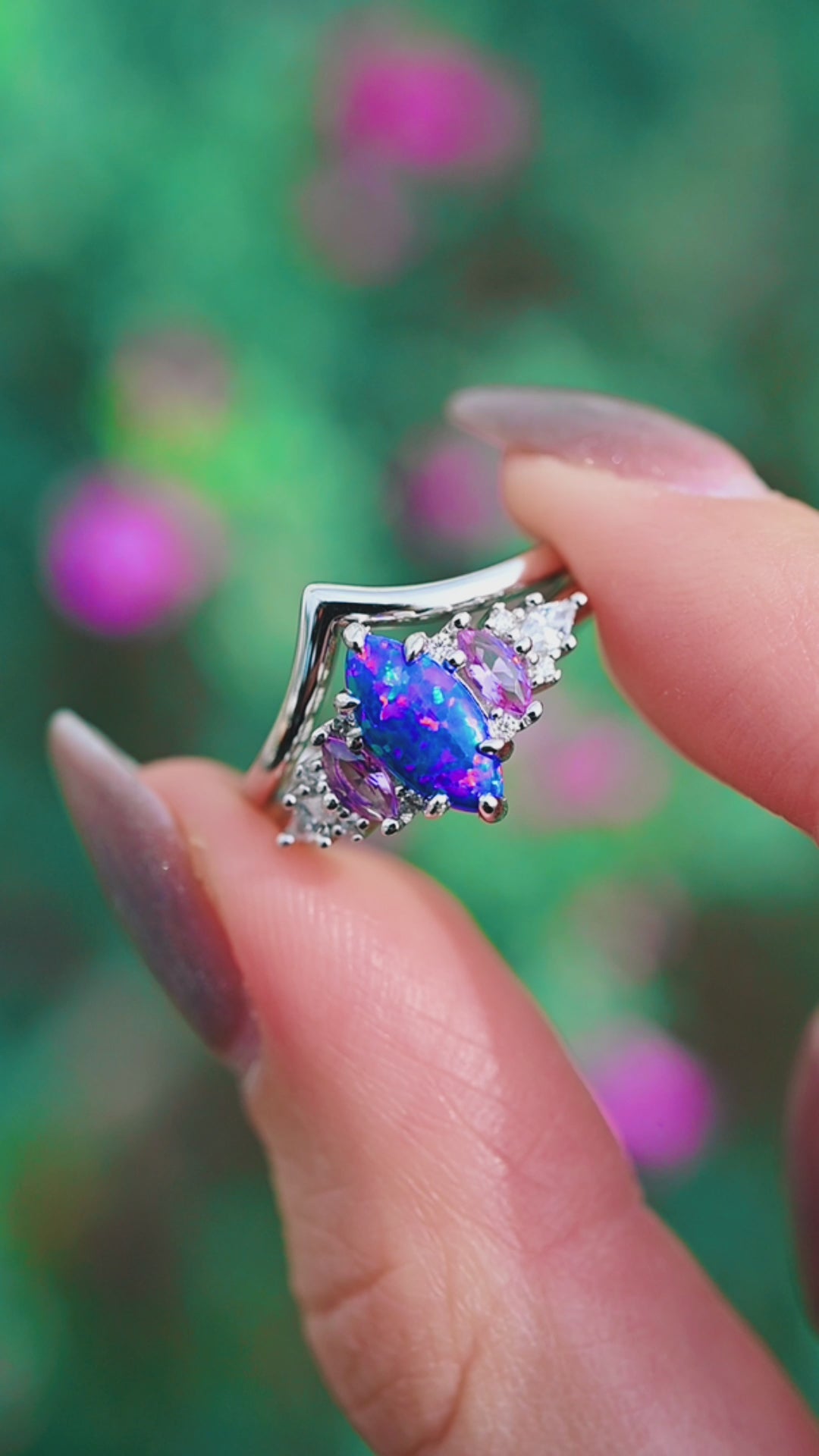 Emerie Blue Fire Opal & Pink Sapphire Ring Set-  Sterling Silver