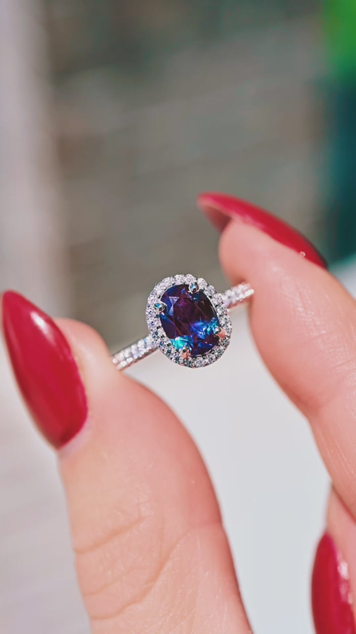 Iris Teal & Purple Oval Alexandrite Engagement Ring- 14K White Gold