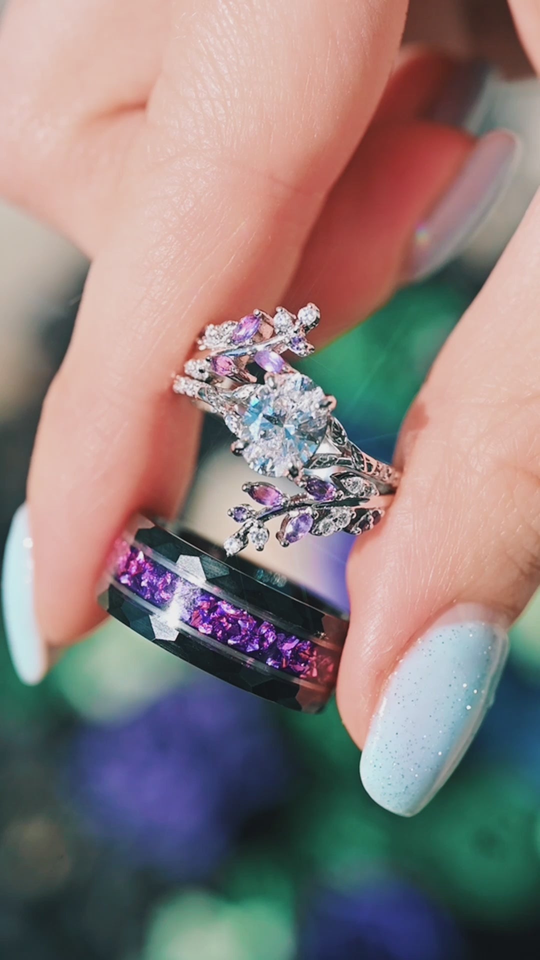 Amethyst & Diamond (cz) Leaf Couples Ring