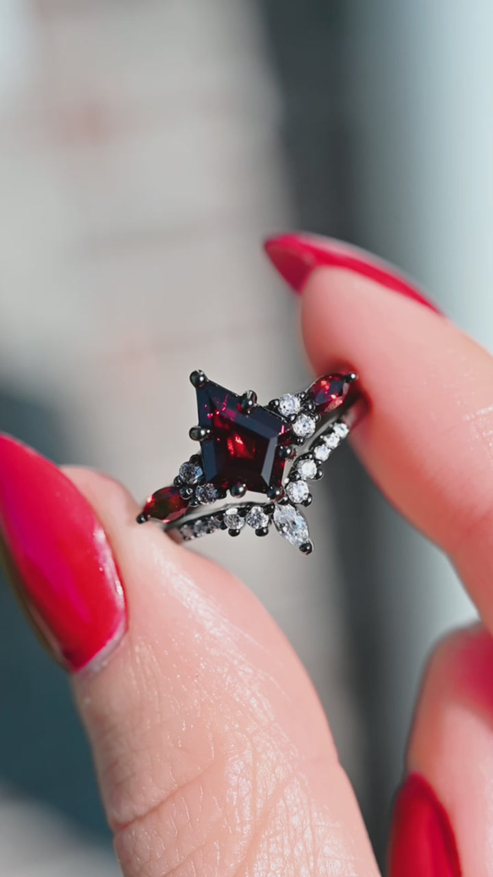 Skye Kite™  Natural Red Garnet Kite Engagement Ring Set- Black Rhodium Filled