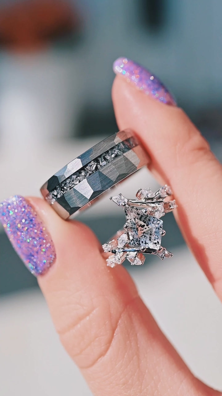 Galaxy Salt and Pepper (Herkimer) Diamond & Meteorite Couples Ring