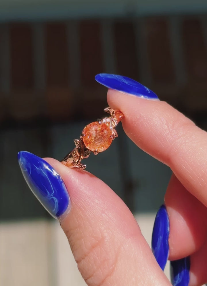 Natural Sunstone Leaf Ring- 14K Rose Gold Vermeil