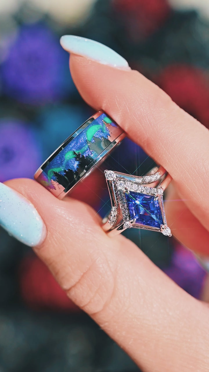 Borealis & Tanzanite Couples Ring Set- Northern Lights & Trees