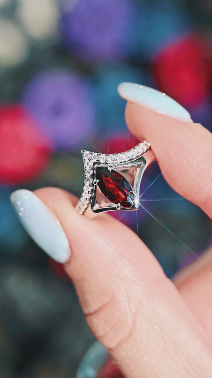 Natural Red Garnet Marquise Ring Set- Sterling Silver