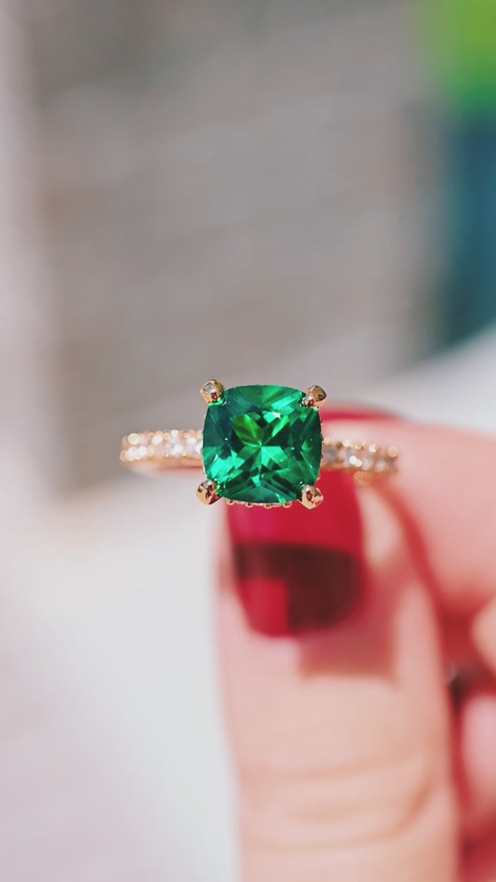 Cushion Hidden Halo Emerald Ring- 18K Yellow Gold Vermeil