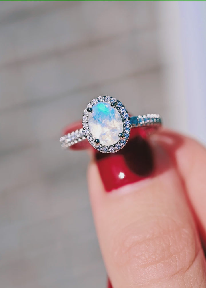 Iris Natural Rainbow Moonstone Ring- Sterling Silver