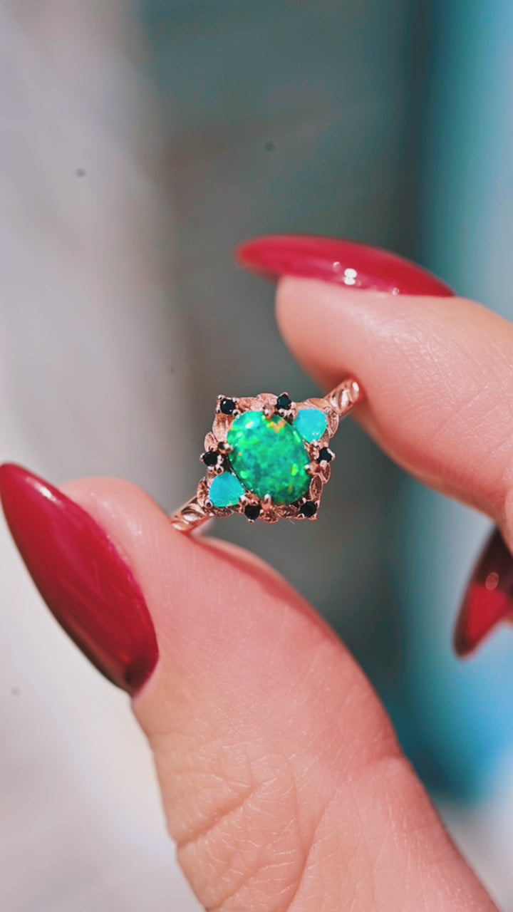 Green Fire Opal & Opalescent Sapphire Leaf Ring- 14K Rose Gold Vermeil