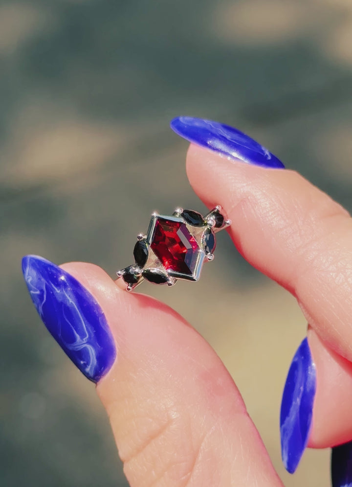 Natural Red Garnet & Black Onyx Ring- Sterling Silver